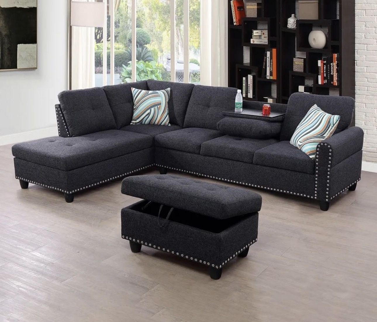 Charcoal Linen Sectional couch With Drop Down Table