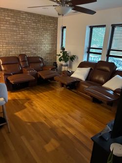 Leather reclining couch with USB plug ins