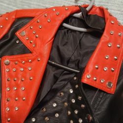 Red & Black Faux Leather Studded & Diamond Jacket 
