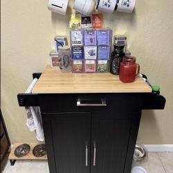 Kitchen Island on Wheels w/ Storage Cabinet, Rolling Kitchen Cart / Bamboo Top & Drawer & Spice Rack
