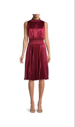 Nanette Lepore brand Burgundy Satin Pleated Sleeveless Midi Dress