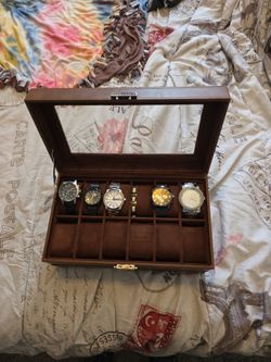 Brown Leather Watch Display Box with 5 Watches