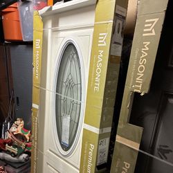 Masonite Decorative Glass Primed White Fiberglass Prehung Front Door 
