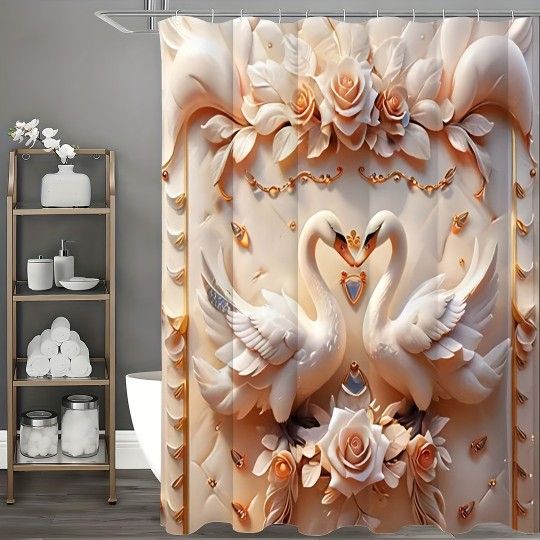 3D Swan Embossed Pearl Print Creative Shower Curtain Set, Decorative Bathroom Set