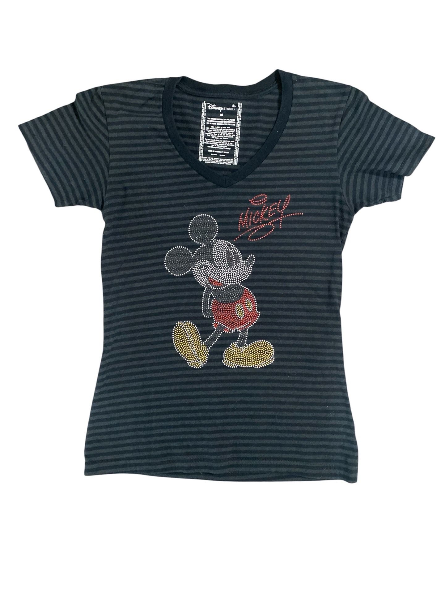 Disney Store Black Gray Striped Glitter Women’s V-Neck T-Shirt Size M