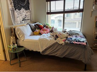 Queen bed frame with headboard and mattress