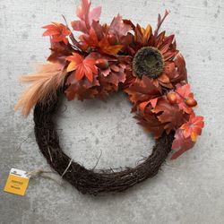 Harvest Red Sunflower and Maple Leaf Wreath, 20",