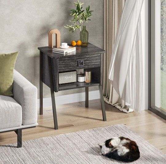 Nightstand with Drawer and Shelf, Modern Side Table Small End Table for Small Spaces, Easy Assembly, 14.6" D 17.13" W 24.02" H, Black