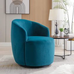 Velvet Fabric Swivel Accent Armchair Barrel Chair with Black Powder Coating Metal Ring, Teal, D19