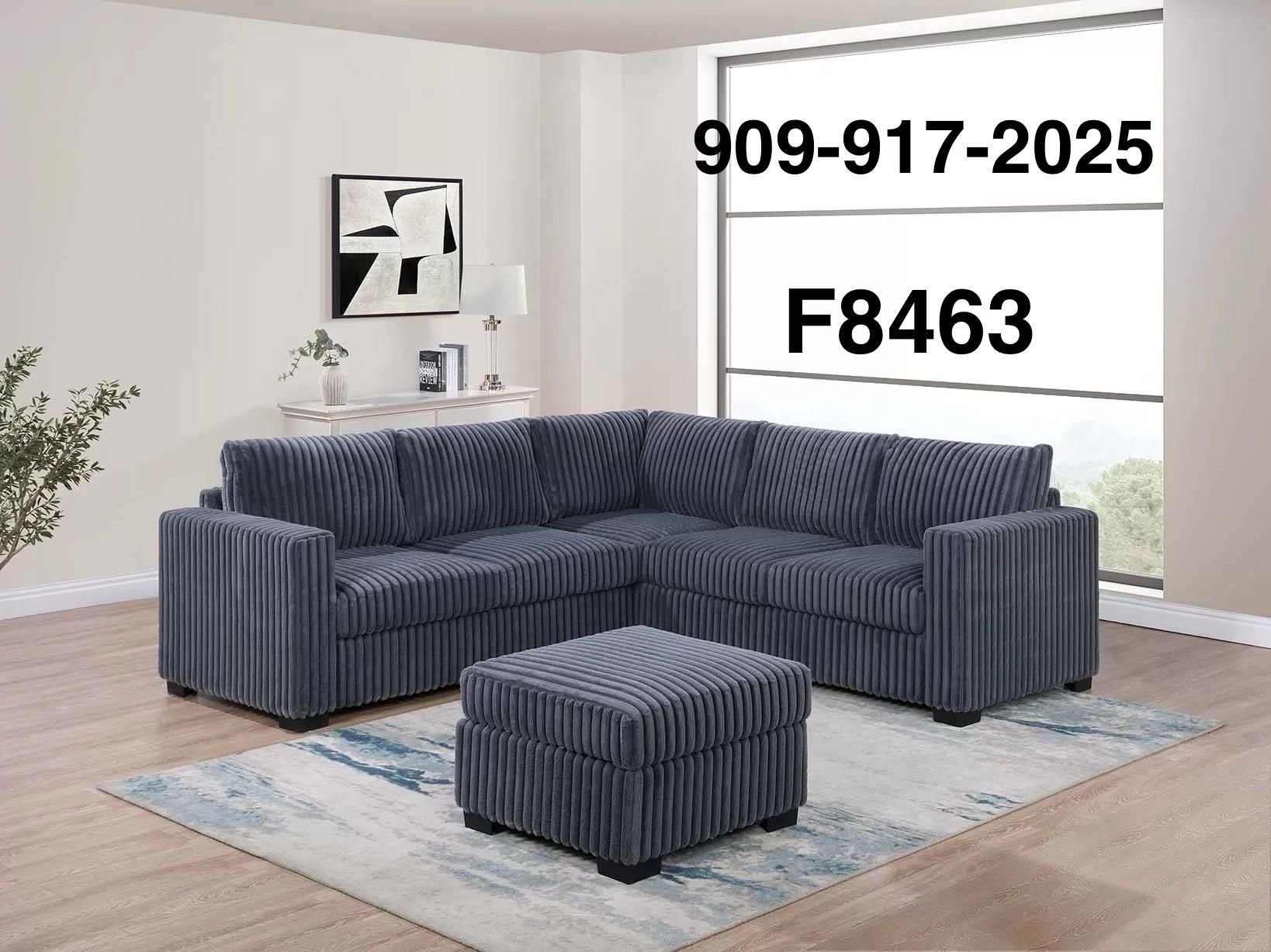 DARK GREY FUR LIKE CORDUROY SECTIONAL WITH OTTOMAN