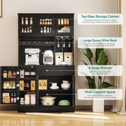 71''H Kitchen Pantry Cabinet with Drawer, Doors, Goblet Holder, Wine Rack for Storage, Tall Cabinet with Power Outlet for Kitchen & Living Ro