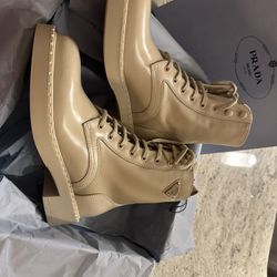 Prada Brushed-leather and Re-Nylon boots, size 39 beige