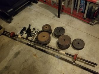 205 lbs of Vintage Standard Steel Weight Plates + 2 Barbells all Double Sided 5-10 lb denom 1"