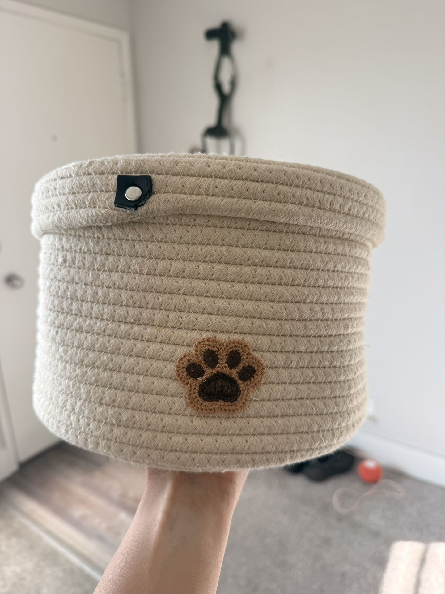 Small Pet Toy Storage Basket - Woven Rope with Paw Print
