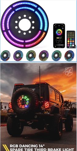 RGB Spare Tire Brake Light - Dual Ring Rear Wheel Light Compatible with 2007-2018 Jeep Wrangler JK JKU, Color-Changing Third Tail Lamp with Dual Contr