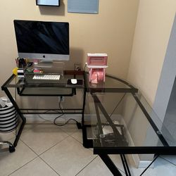 Glass L-Shaped Computer Desk – Black Frame – Modern Office Desk 