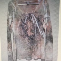 American Rag Cie Women's Large Top Green Tan Graphic Pullover Long Sleeve Shirt