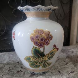 Porcelain Floral Vase - Flowers & Butterfly 10.5"