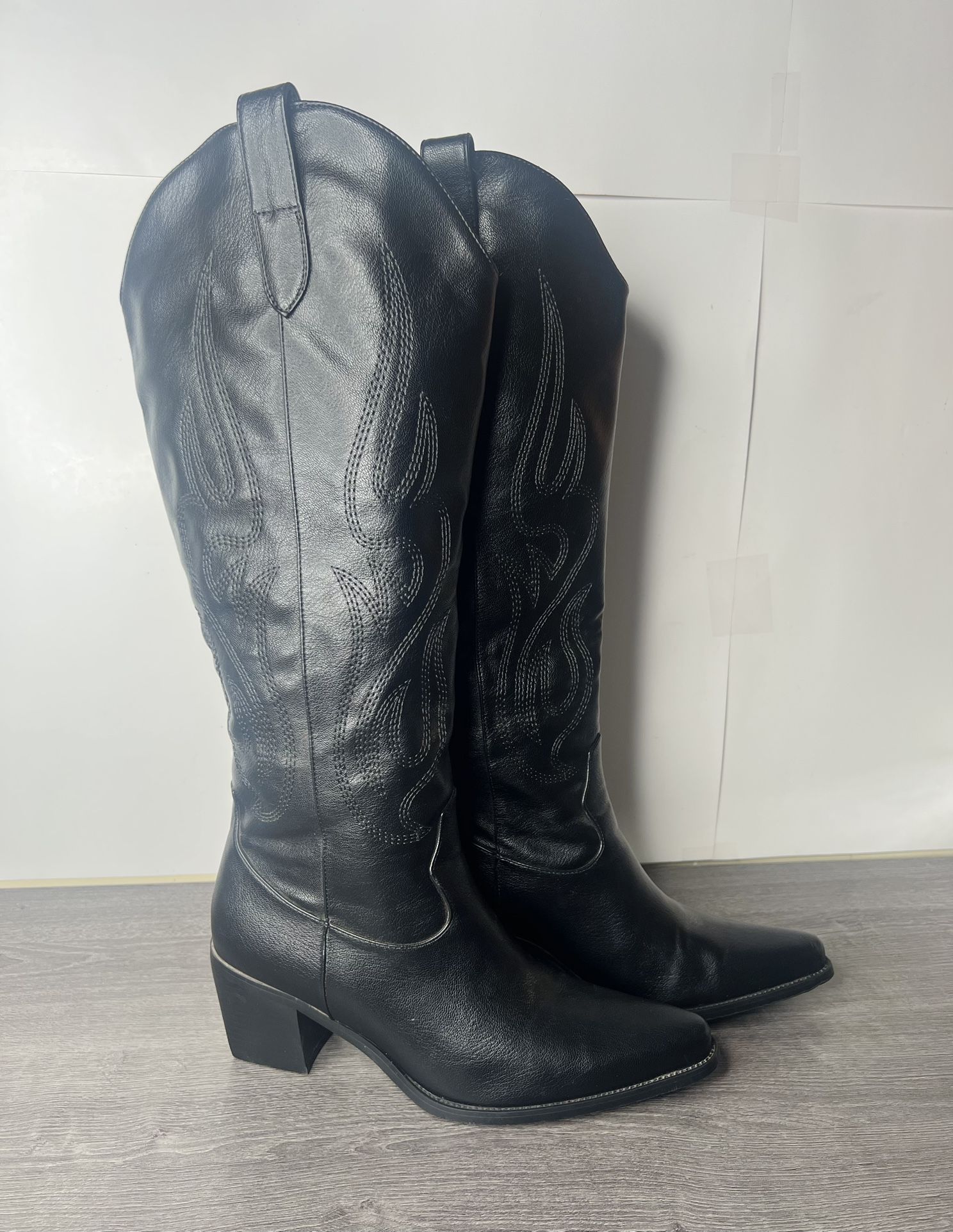 Pasuot Western Cowboy Boots for Women - Black Knee High Wide Calf Cowgirl Size 8.5 