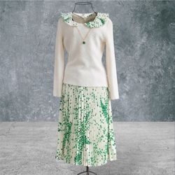 Size 2 VTG Adolfo Saks Fifth Avenue 2pc Knit Top & Pleated Skirt Set Green Polka Dot