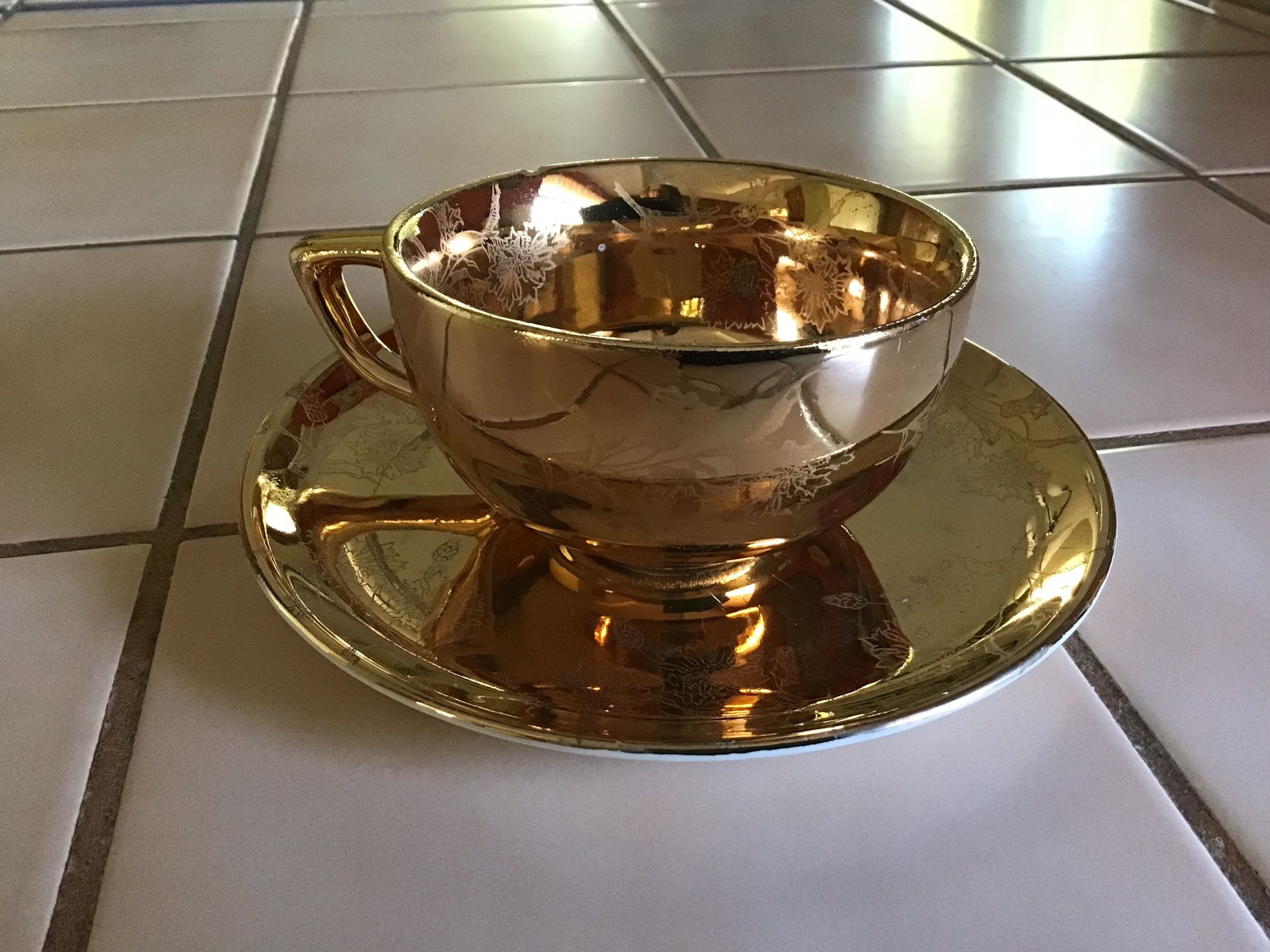 24K Gold Plated Cup and Saucer, Made in USA, with Delicate Floral Engraving