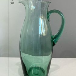 Vintage Tall, Thick Green Glass Pitcher