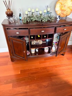 Dark Cherry Wood Buffet Sideboard with Wine Storage