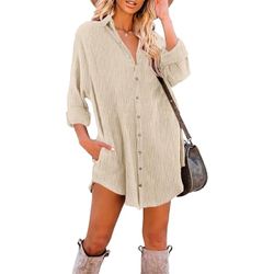 Women's Tunic Dress Long Sleeve Casual Button Down Corduroy Shirt Dress