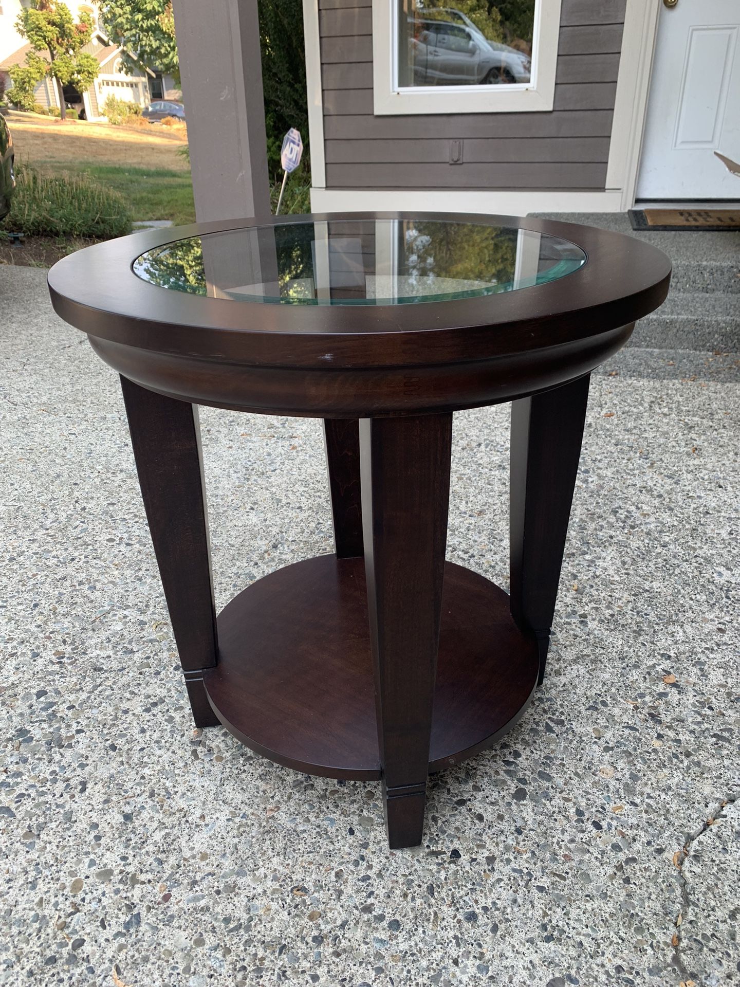 Basset glass top round end table