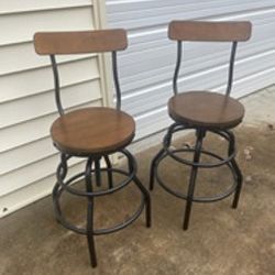 New, Price Firm, Hamrick Industrial Wood and Iron Adjustable Height Backed Bar Stools, Set of 2