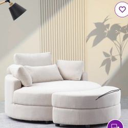 Big Reading Chair - Lounge Chair Beige Linen With Ottoman