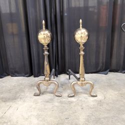 Pair of vintage polished brass cannonball Log Supports