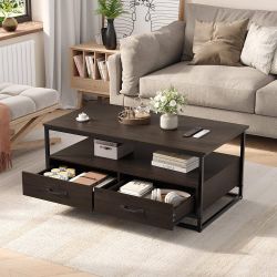 HOCSOK Coffee Table Living Room Rectangular Coffee Table with 2 Drawers and Shelves, Dark Brown