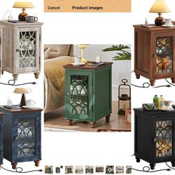 New in box Narrow Side Table with Charging Station Set of 2, Night Stand with Glass Door,Bedside End Tables with Adjustable Shelf Storage Cabinet,Wood