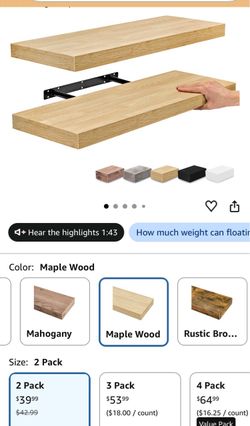 Floating Wall Shelves Maple Wood 2 Pack