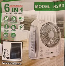Brand New 6-in-1 Rechargeable Solar Fan with LED Light & Bluetooth (Model N283)