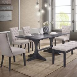 Dining Table Set - Gray Wood Dining Table With Linen Chairs