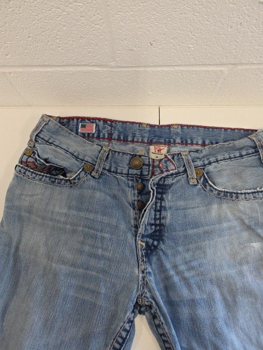 True Religion Logan Super T Men’s 38x32 Light Wash Distressed Jeans USA (KD)