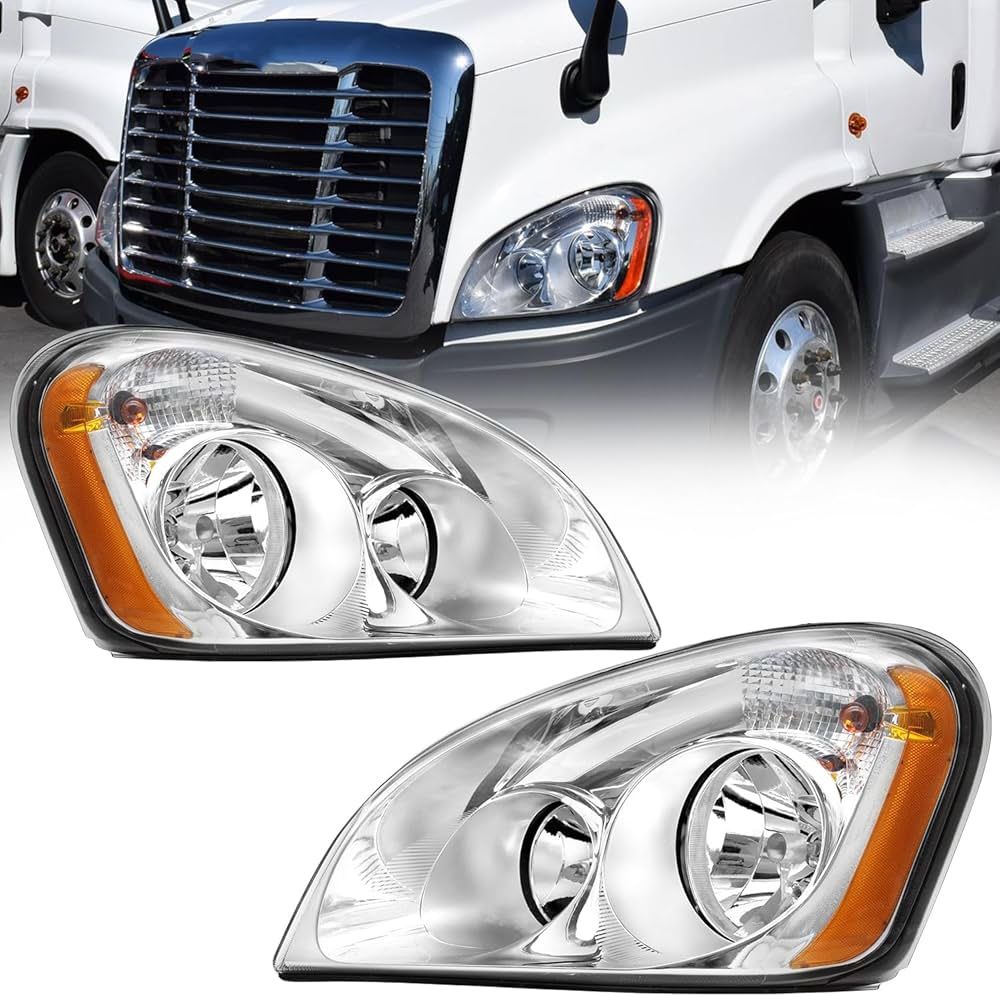 Headlights Assembly Fit for 2008-2016 Freightliner Cascadia, Chrome Housing Halogen Headlamp pair (Driver and Passenge Side)