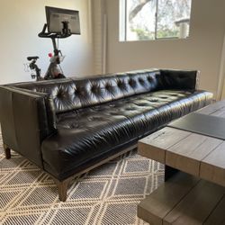  Mid-Century Modern Genuine Leather Tufted Sofa — Excellent Condition