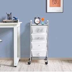 Trolley with Wheels for Storage with 4 Drawers, Plastic Storage for Office/Dining Room/Kitchen/Pantry/Living Room, White