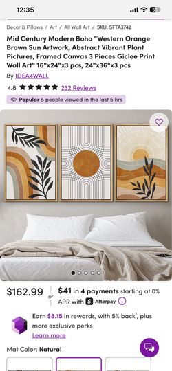 Mid-Century Modern Boho Wall Art Set (3 Panels) – Framed Canvas – New