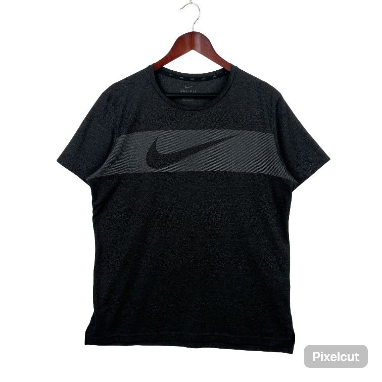 Nike Shirt Men Gray Stripe Swoosh Dri-Fit Polyester Tri Blend Crew Neck Sz LARGE