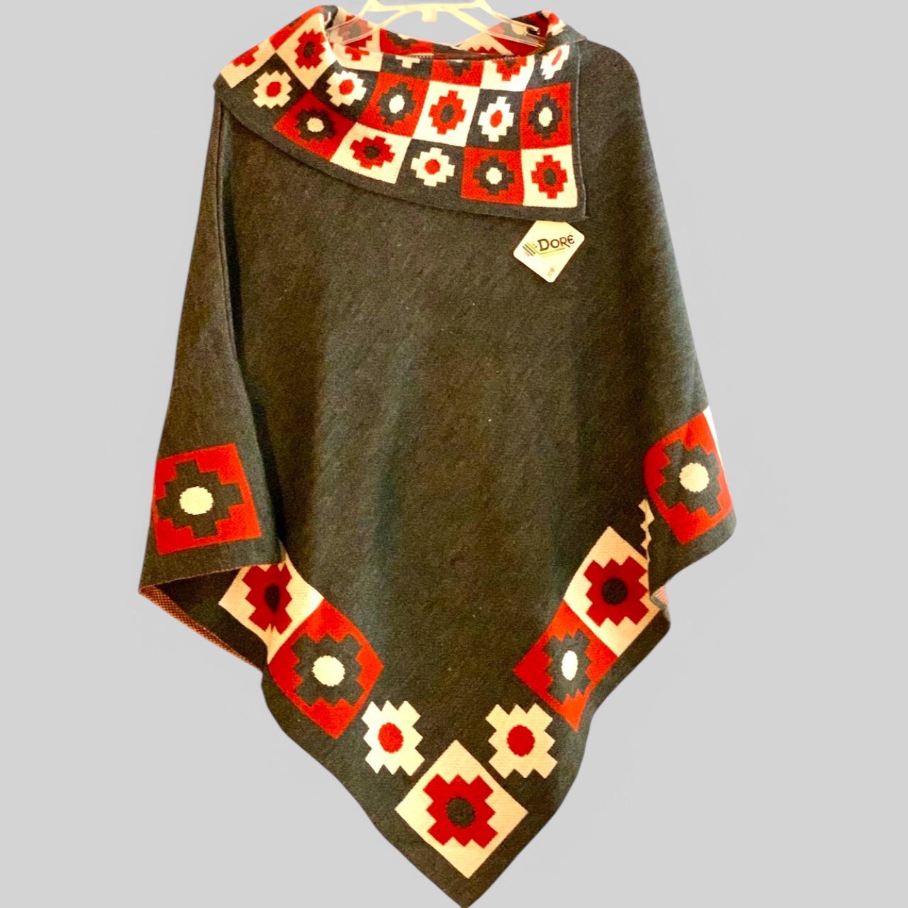 Soft & Cozy Hand-knitted Poncho Color Gray, Orange & Beige.Handmade