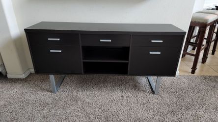 Dark Brown Modern & Contemporary Style Metal and Wooden Credenza/Buffet/Console Table/TV Stand with Adjustable Shelf, 5 Drawers Including 2 File Cabin