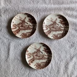 3 Vintage Brown Transferware Windmill Pattern Plates