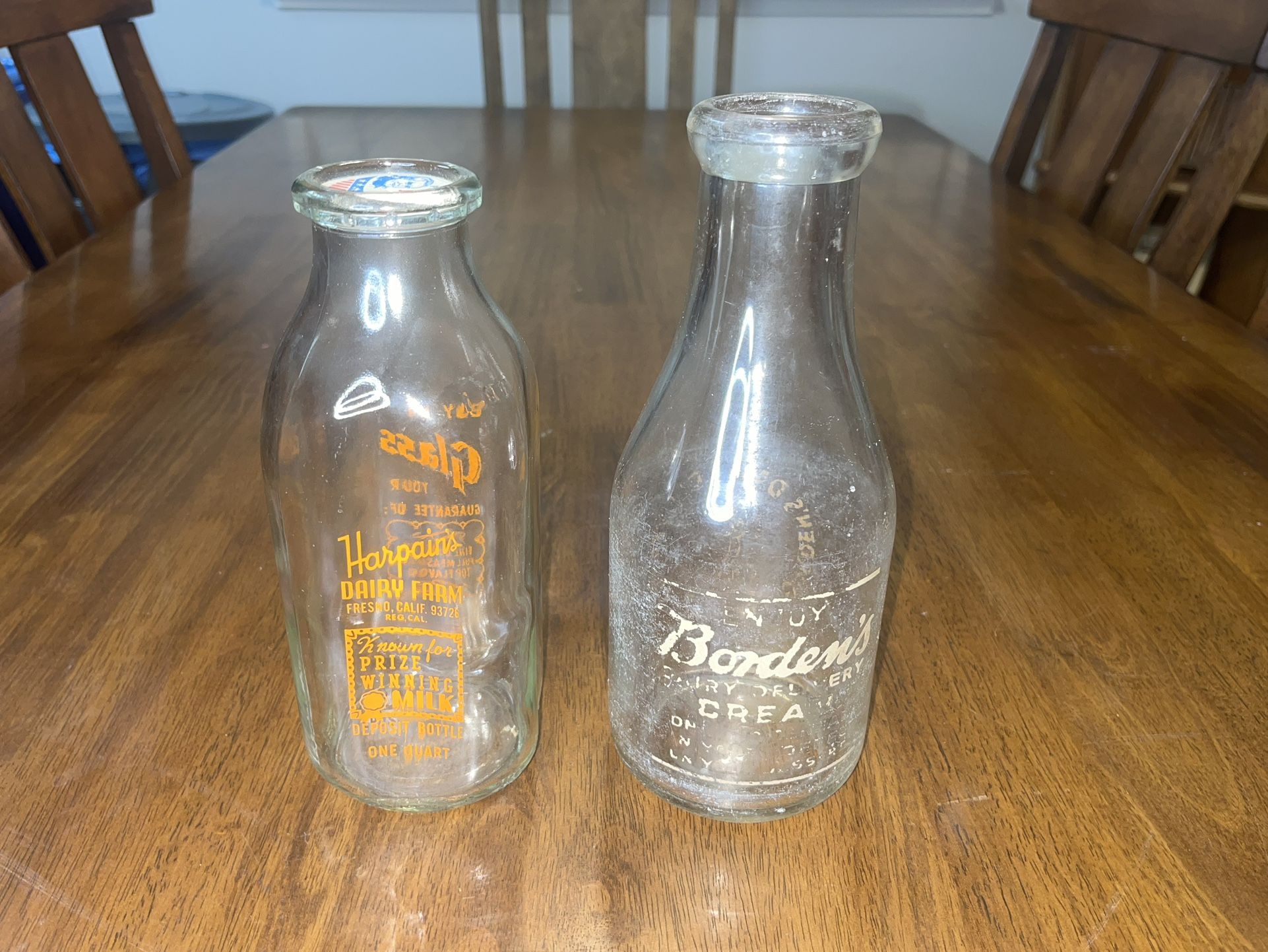 Antique Borden’s Delivery Cream and Harpain's Dairy Farm One Quart Glass Bottles