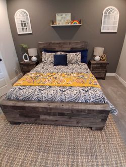 Queen size Rustic wood style bedroom set- bedframe,headboard,dresser and 2 nightstands