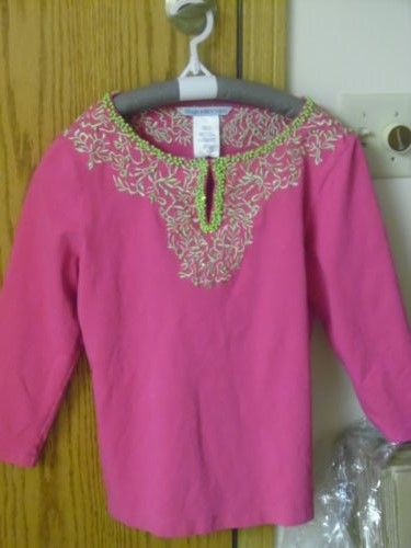 Sharon Young Hot Pink green beaded keyhole 3/4 sleeved Extra Small tunic