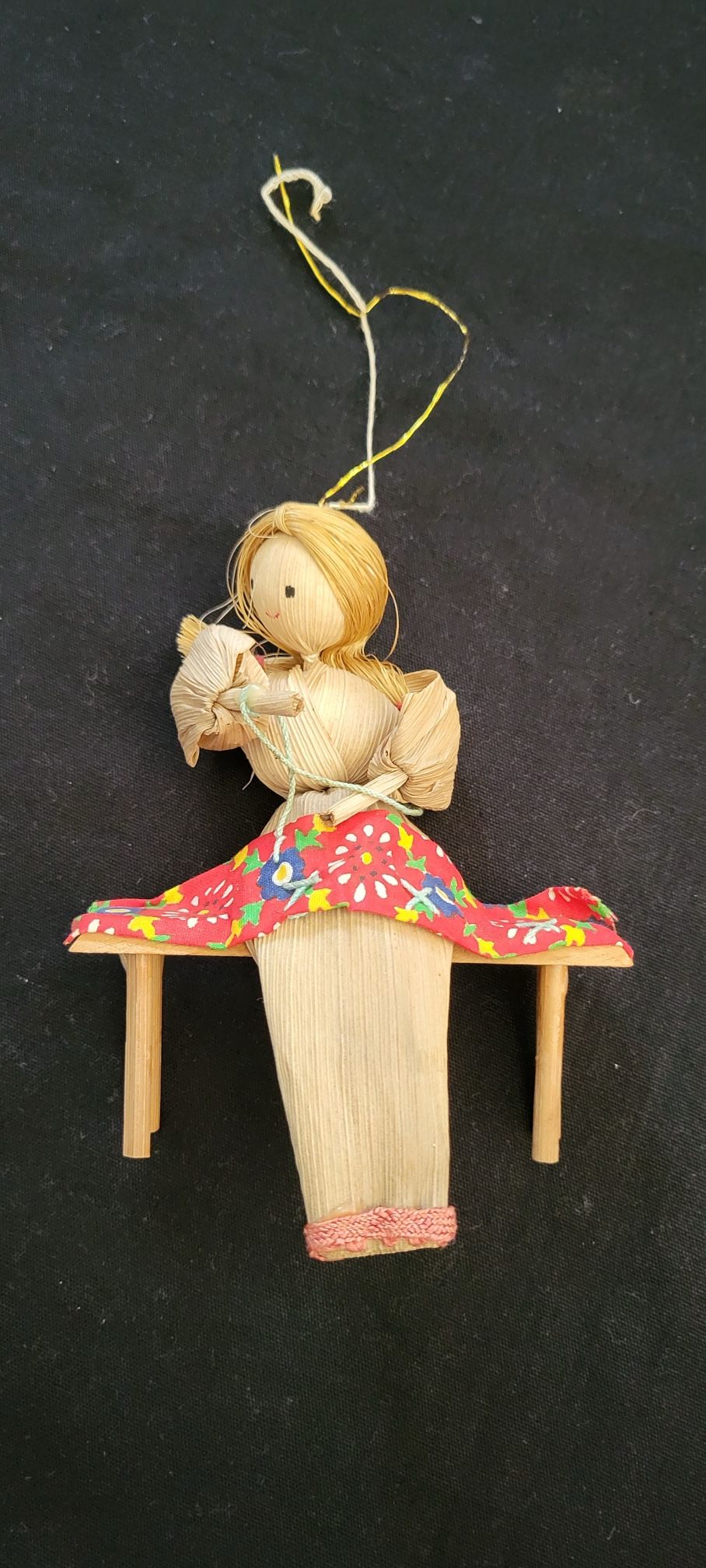 Vtg Corn Husk Doll Seamstress Woman Sewing  Christmas Ornament 5"X4"